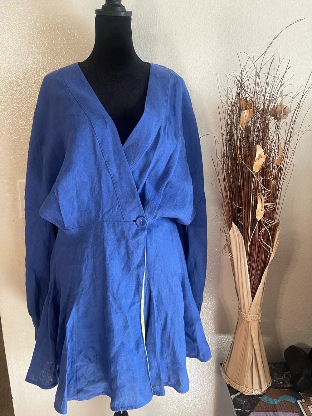 J da Palm beach Blue Midi Wrap Dress with Button Front size M/L 100% linen